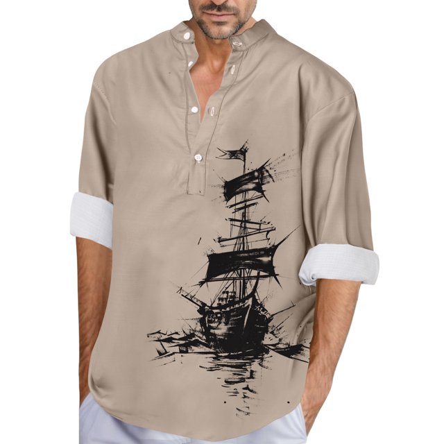 Camisas s Para Hombre Manga Larga Camiseta estampada de manga larga con cuello levantado para hombre, informal, a la moda, para vacaciones en la playa (Khaki, 3XL)