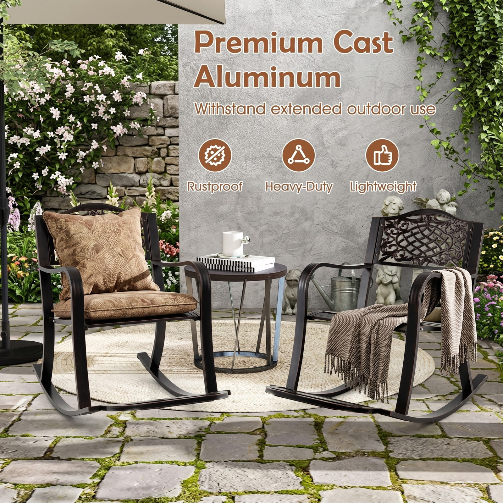 Furnibear Patio Rocking Chair with Cast Aluminum Frame, Floral Backrest and Curved Armrests for Backyard and Porch, Brown