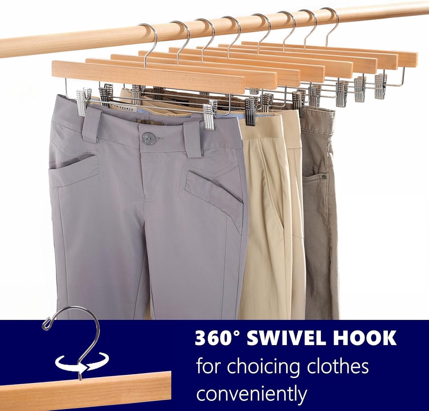 Cozymood 15 Pack Wooden Pants Hangers, Solid Wood Bottom Jeans Skirt Hanger with 2-Adjustable Clips Anti Rust Hook