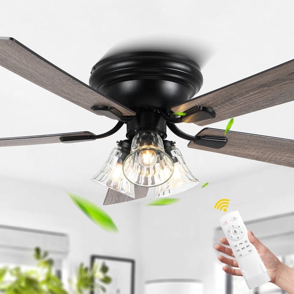 Bella Depot 52" Black Farmhouse Flush Mount Ceiling Fan with Light and Remote Control 6-Speed Reversible DC Motor