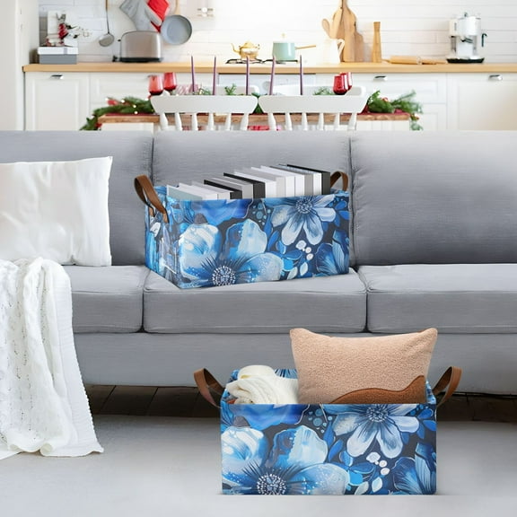 Blue Floral Flowers Storage Bins with Handles Foldable Storage Baskets for Shelves Organizer Cloth Baskets