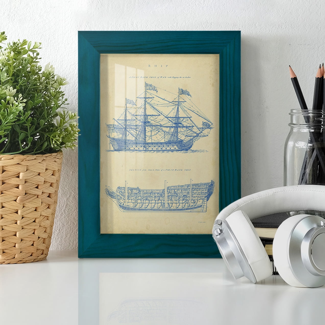 Vintage Ship Blueprint -Framed Print w/glass-Ocean Blue