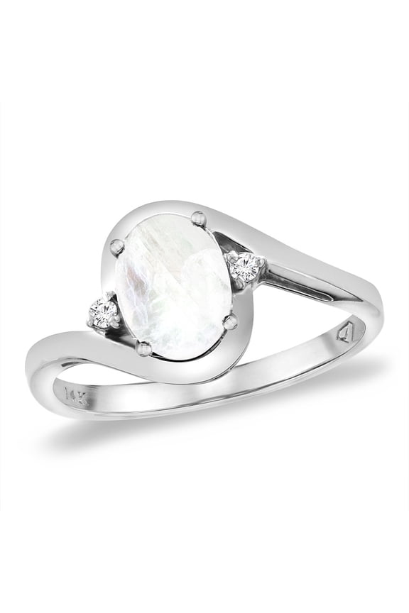 14K White Gold Diamond Natural Rainbow Moonstone Bypass Engagement Ring Oval 8x6 mm, size 5.5