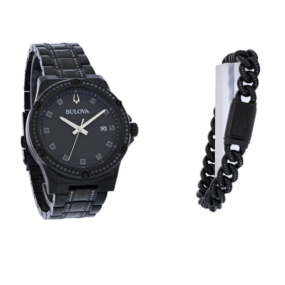 Bulova Crystal Men's Black ION Plated Bracelet Set Quartz Watch 98K119