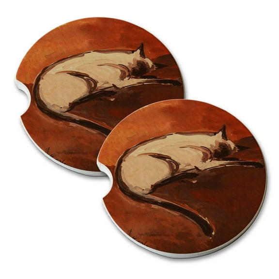 KuzmarK Sandstone Car Drink Coaster (set of 2) - Snoozing Siamese Cat Art by Denise Every