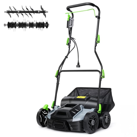 15.5 Amp 2-in-1 Electric Lawn Dethatcher and Scarifier, 14 Inch Corded Aerator with 14.5 gal Collection Bag, 5-Position Depth Adjustment for Yard Care