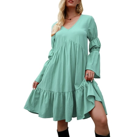 

OWSOO Women Long Sleeve Dress V Neck A-Line Holiday Dress