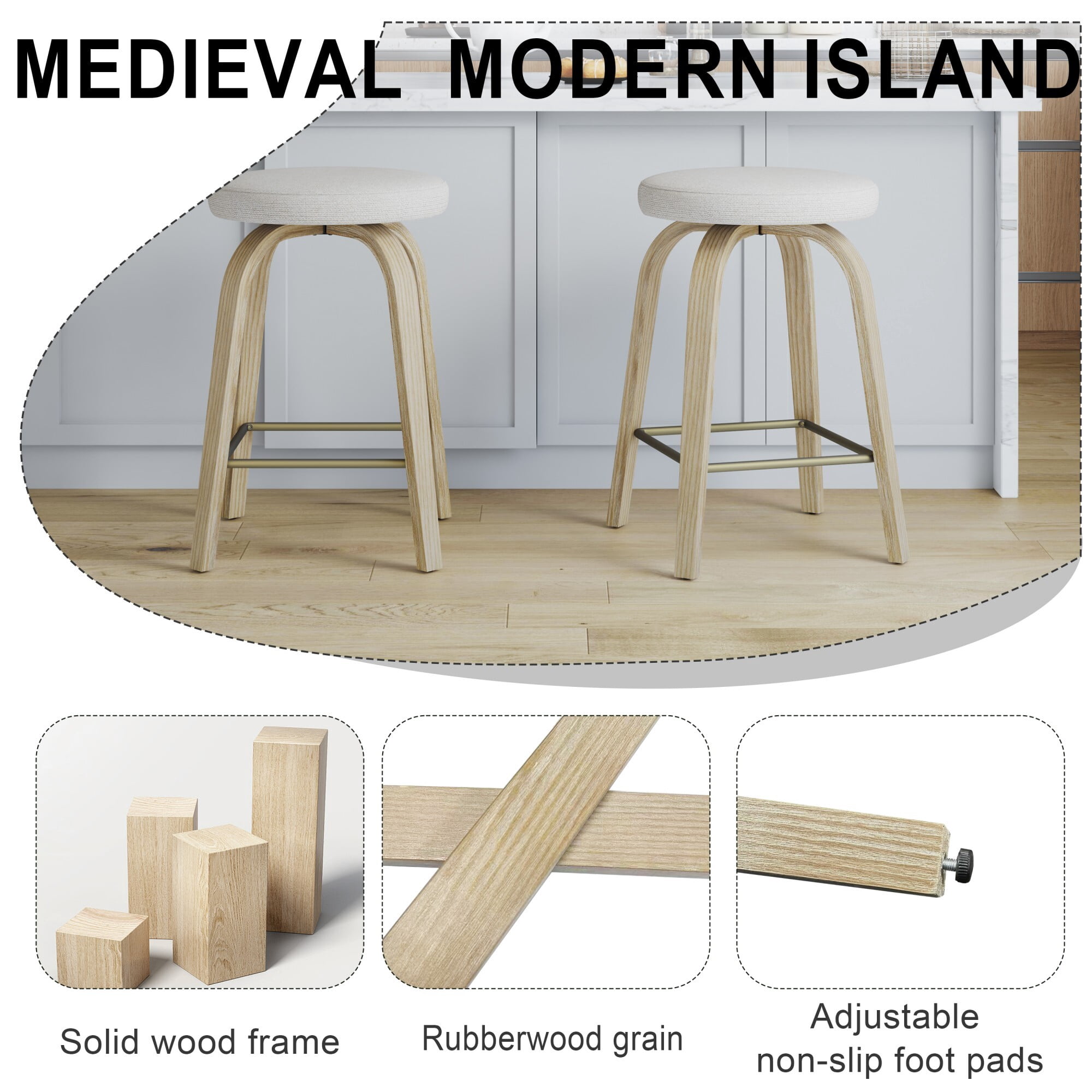 AENKYO 26" Swivel Bar Stools Set of 2, Counter Height Island Stools for 34"-40" Counters, Fabric Padded, Beige