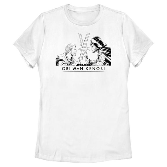 Women's Star Wars: Obi-Wan Kenobi Darth Vader vs Kenobi Sketch Lightsaber Duel Graphic Tee White Medium
