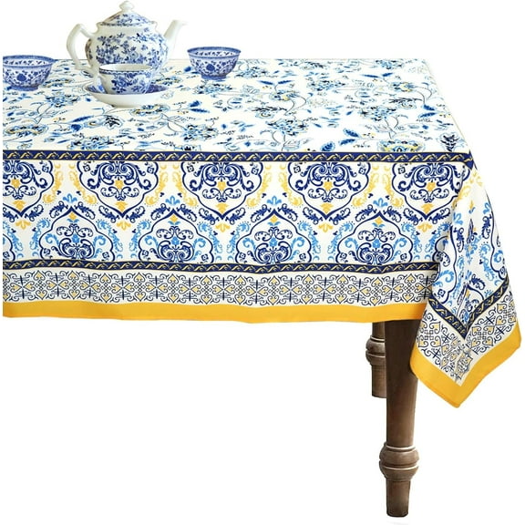 Blue Yellow Floral Pattern Table Cloth, French Country Tablecover for Rectangle Tables 60 x 102,Perfect for Kitchen Dinner, Restaurant,Holiday Picnic Party Table Cover