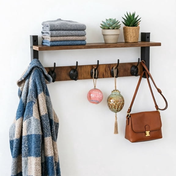 Vintage Industrial Wall Mounted Shelf with Hooks, Rustic Wood Shelf Organizer for Entryway, Kitchen, Bathroom, Living Room
