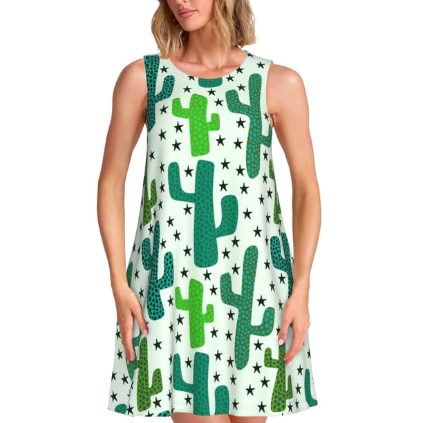 Balery Cactus 1 Vestidos de verano para mujer con estampado: vestido holgado sin mangas, vestido playero informal y cómodo para días calurosos.