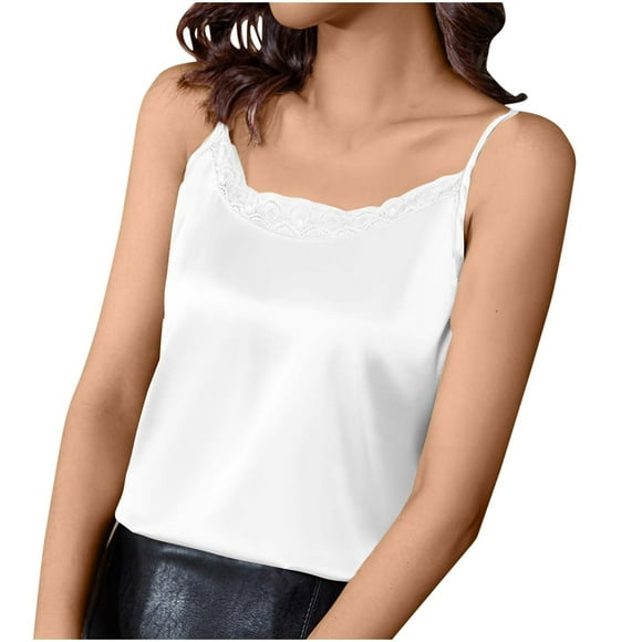 Amzcrzy Camisoles en Satin de Soie pour Femmes, Débardeurs, Dentelle, Col Rond, Bretelles Spaghetti, Blouses, Dos Croisé, Sans Manches, Cami, Débardeur Basique, Chemise, Blouses, M-4TG