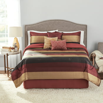 Mainstays Hudson 7-Piece Red Striped Polyester Comforter Set, King