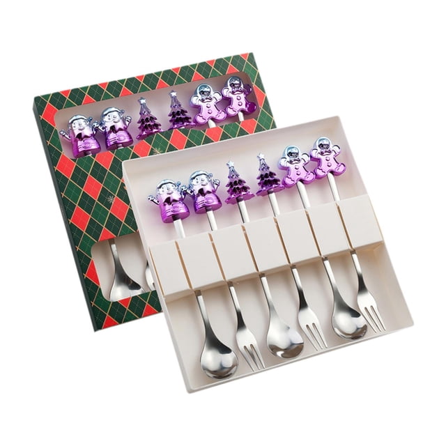 6x Tenedor de postre navideño Cuchara de postre Cuchara de café Utensilios para cuchara de café Juego de Cubiertos de regalo de Navidad Gloria Estilo C
