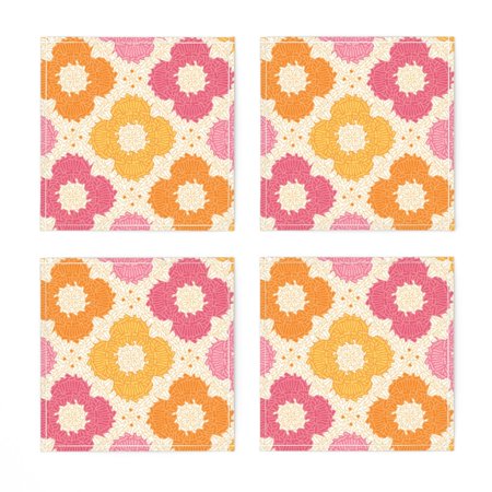 

Linen Cotton Canvas Cocktail Napkins (Set of 4) - Flower Yellow Pink Retro Orange Patchwork 70s 90s Print Cloth Cocktail Napkins by Spoonflower