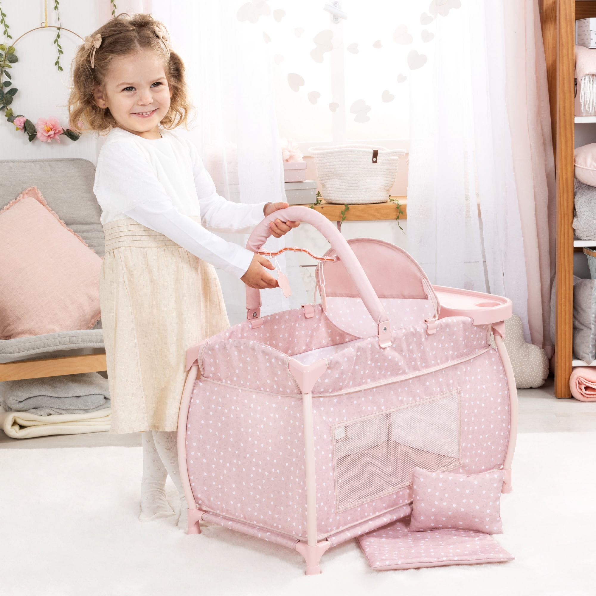 Bayer Design: Doll Multi-Bed - Soft Pink & Polka Dot - Sleep Playpen, Built-In Feeding Highchair, Pillow-Blanket, Care Center Fits 18" Dolls, Kids 3+