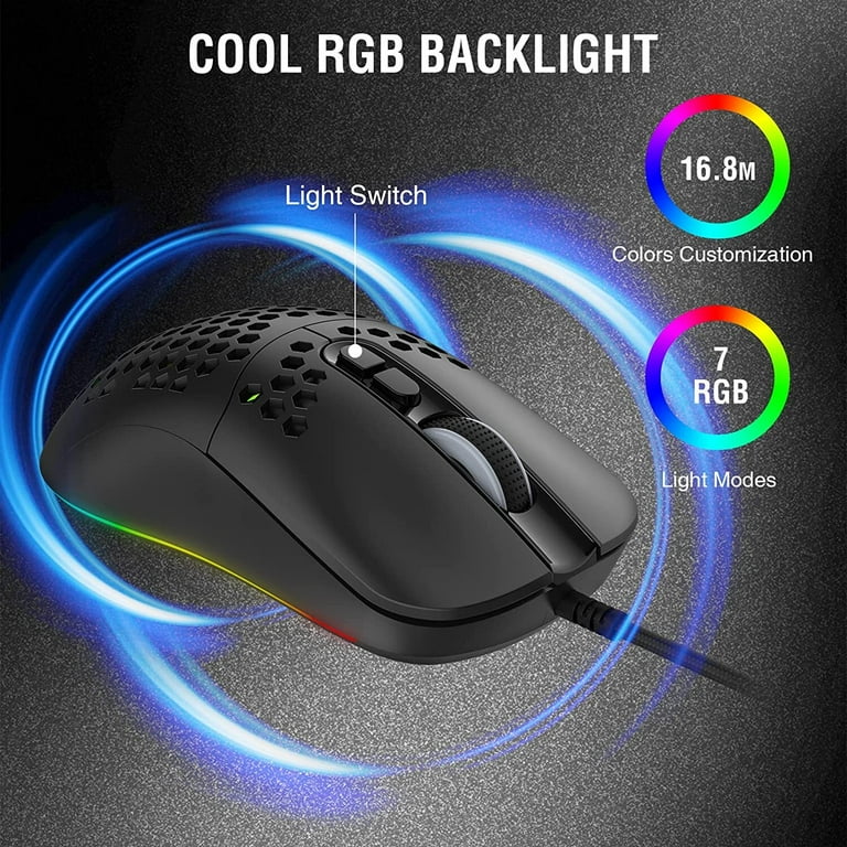 TROPRO Programmable RGB Gaming Mouse, 6 DPI (1000/1600/2400/3200/4800/6400)  96g Ultra Lightweight Honeycomb Optical LED Wired Mouse with Programmable 6  Keys RGB Marquee Effect Light 