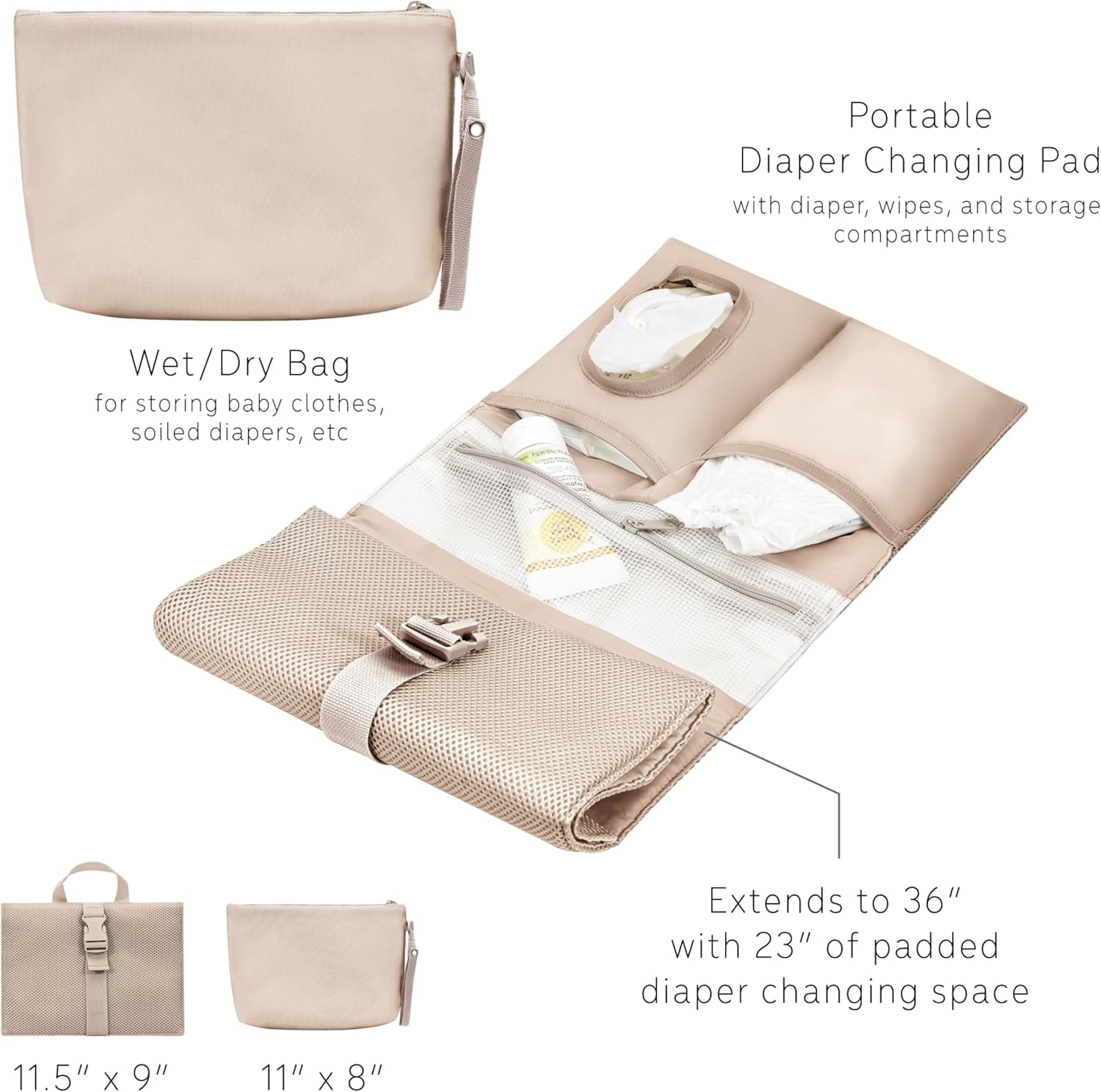 uninni Diaper Baby Bag Backpack for Moms and Dads with Baby Boys and Girls, Portable Changing Pad, Removable Pacifier Case - Camel, 16"