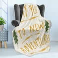 thumbnail image 4 of Adventure Cartoon Soft Flannel Fleece Throw Blanket, Say Yes to New Adventures Message with Dashed Stripes, Cozy Plush for Indoor and Outdoor Use, 50" x 70", Forest Green Pale Coffee, by Ambesonne, 4 of 5