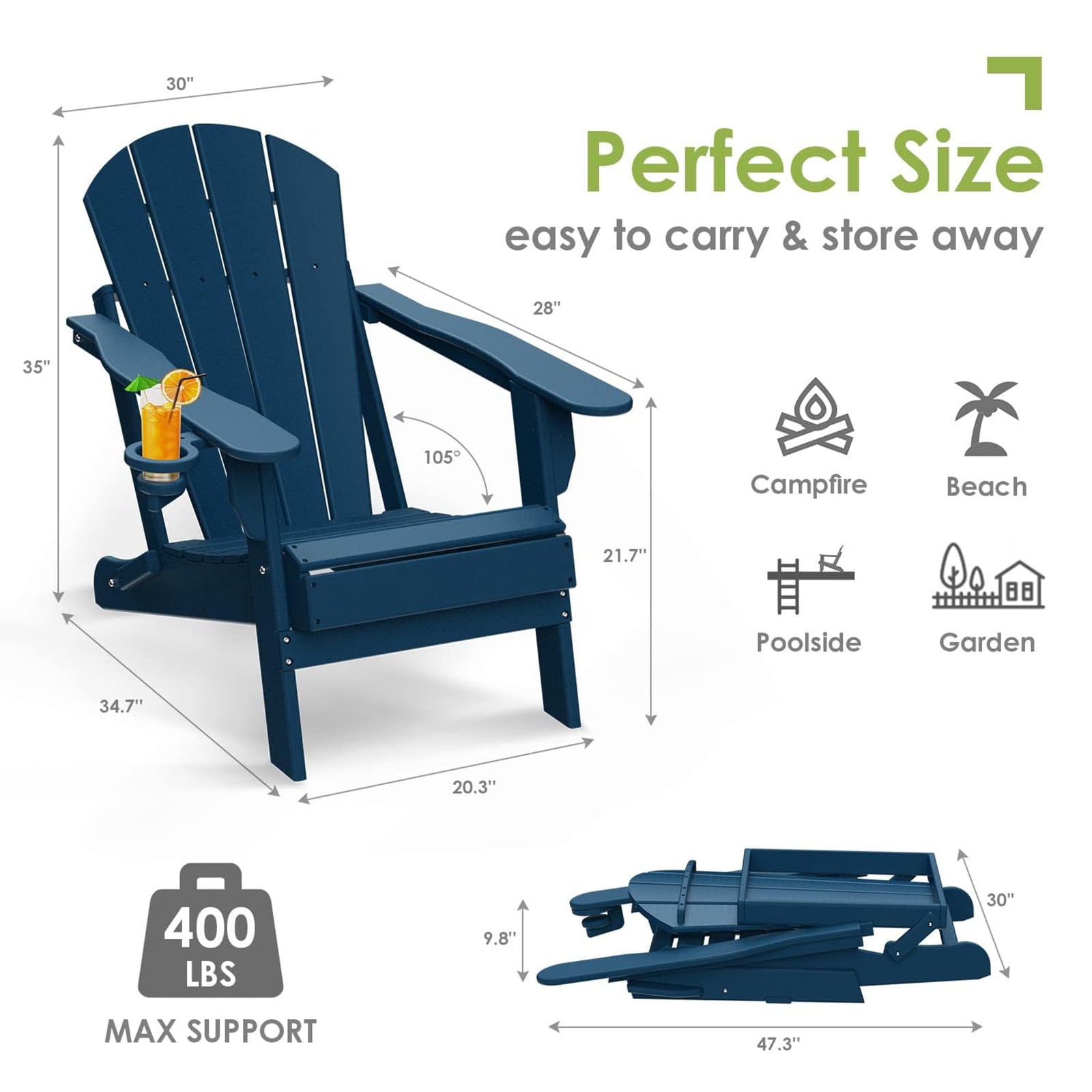 Tappio Foldable HDPE Adirondack Chair, Patio Seat All Weather Outdoor Patio Chair with Cup Holder for Lawn Yard Fire Pit, Wooden Textured, Blue