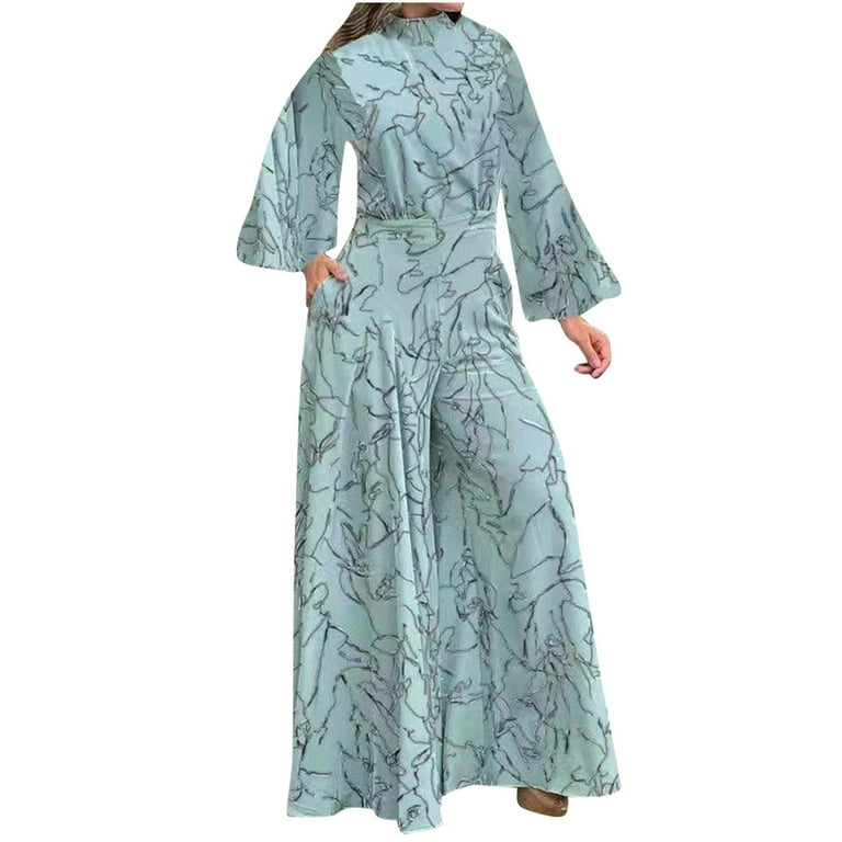 SELONE Plus Size Jumpsuits for Women Long Sleeve Fancy Flared Long Pant  Ladies Travel Comfortable 2023 Vacation Jumpers and Rompers Casual Lace  Sleeve Printing Round Neck Ankle Light Blue XXL 