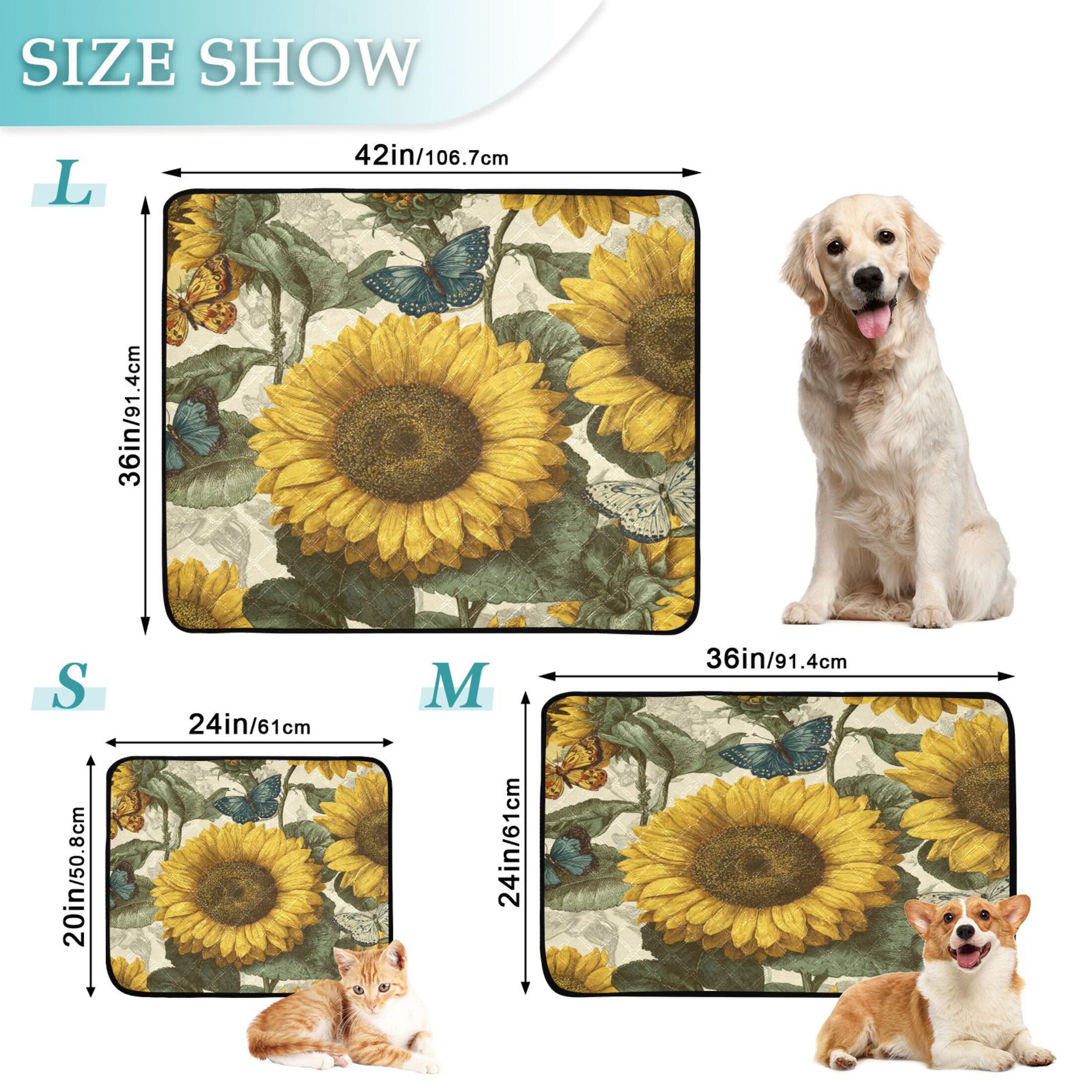 Qxltty Cyan Butterfly Sunflower Cat litter Pads Pet Set of 3 Diaper Mats Center Anti-leakage Layer Absorbent Soft and Comfortable