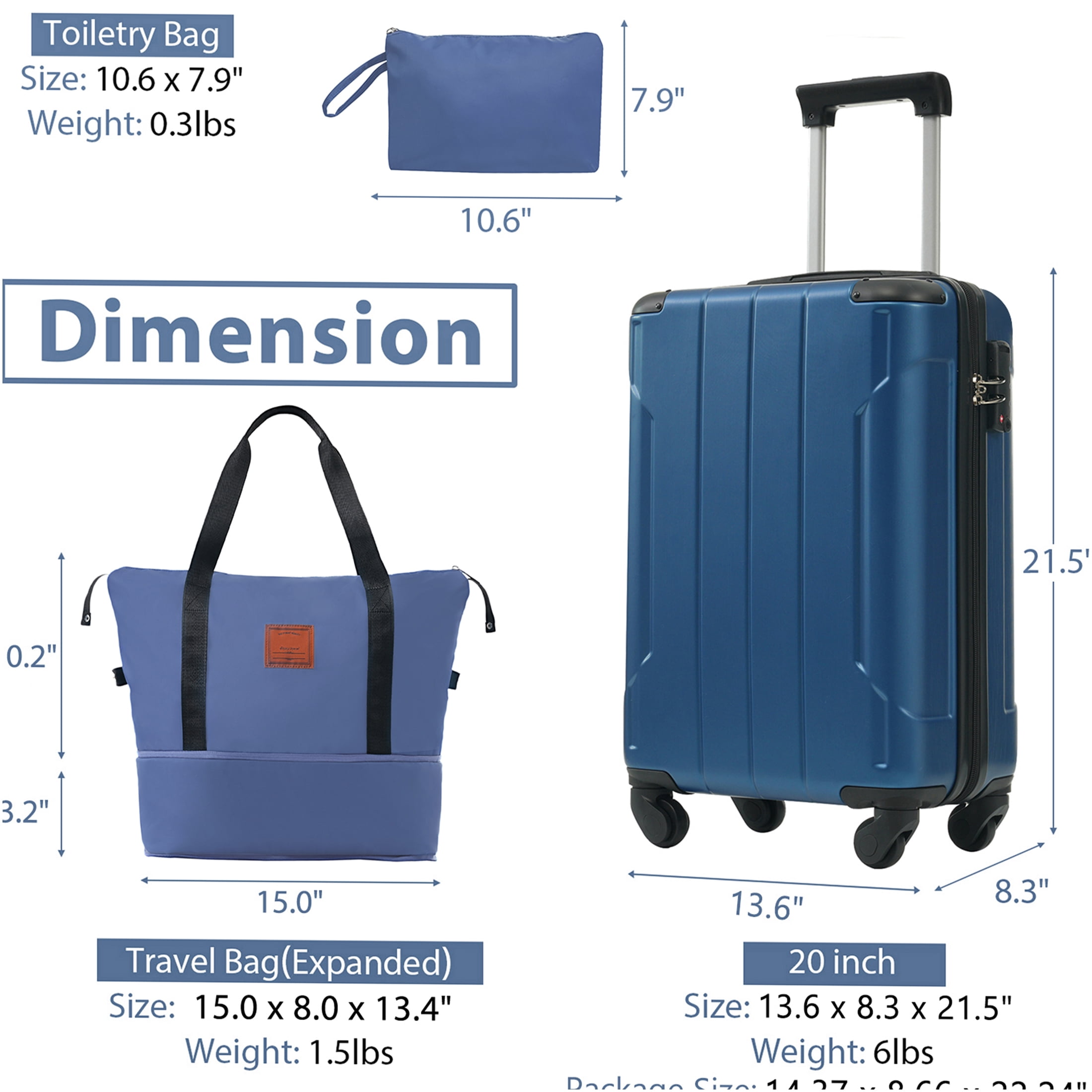 JERFIT 3-Piece Carry On Luggage Set with Spinner Wheels, Lightweight ABS Hardshell Suitcase, Expandable Duffel & Toiletry Bag for Air Travel, Weekend Trips, Business - Blue