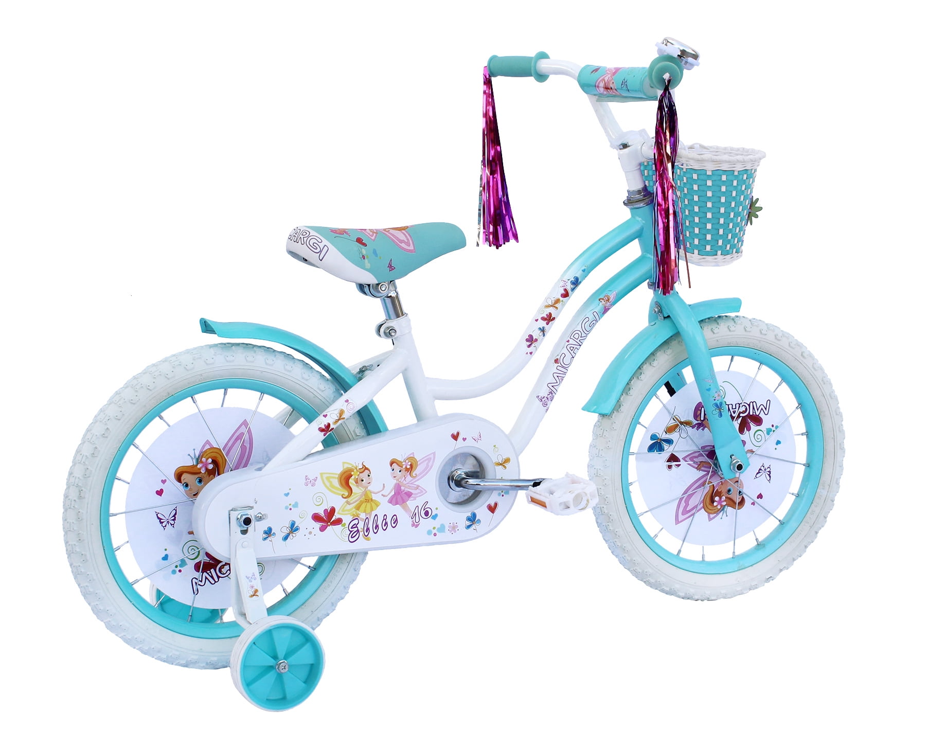 PlayWorld 16" Cruiser Steel Frame Bicycle Coaster Brake One Piece Crank, White Full cover Chain Guard, Baby Blue Basket, Fenders & Rims, White Tire Kid's Bike - White/Baby Blue