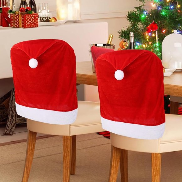 TinyGlam Christmas Chair Covers Set of 4,Red and White Santa Claus Hat Chair Back Covers for Xmas Holiday Festival Indoor Kitchen Bar Counter Stools Decorations Dining Room Table Decor