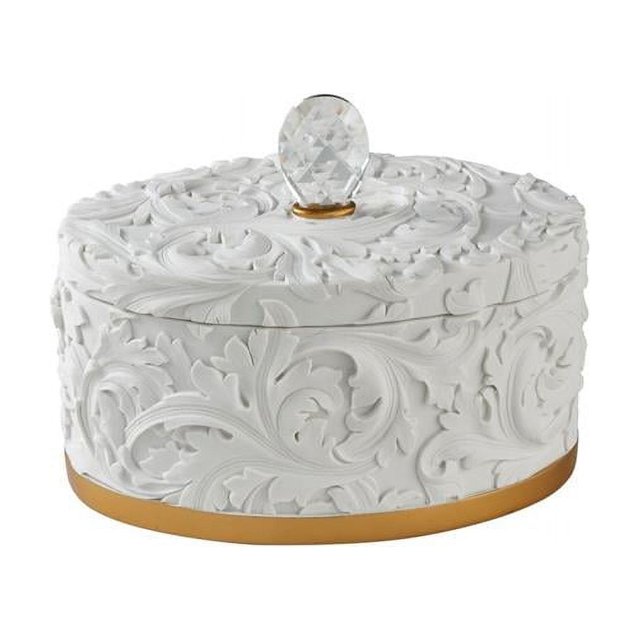 Benzara BM240880 Jewelry Box with Baroque Scroll Design & Crystal Accent, White