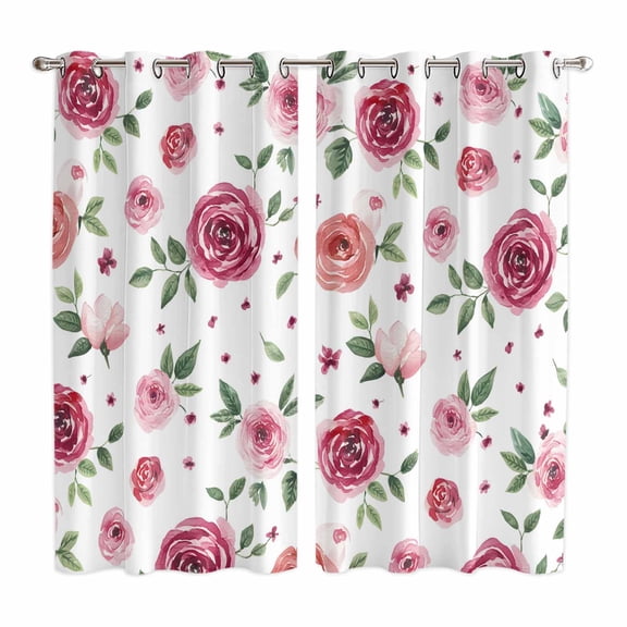 Curtains 84 Inches Long 2 Panels, Pink Flowers Grommets Window Treatment Curtain, Simple Romantic Botanical Floral Leaves Thermal Curtains Drapes for Living Room/Bathroom