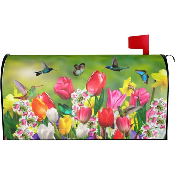 Spring Mailbox Covers Magnetic Standard Size Hummingbird Butterfly Flowers Tulip Mailbox Cover for Garden Yard Farmhouse Outdoor Decorations 21x18 Inch