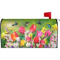 Spring Mailbox Covers Magnetic Standard Size Hummingbird Butterfly Flowers Tulip Mailbox Cover for Garden Yard Farmhouse Outdoor Decorations 21x18 Inch