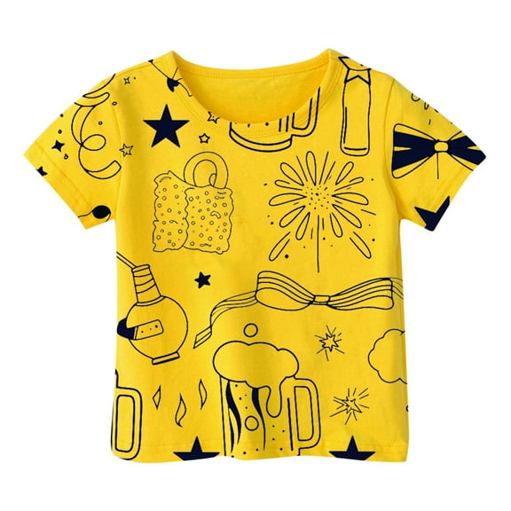 AWZXDE Cute Girls'Cartoon Border Print Casual Short Sleeve Tee,Relaxed Style for Kids' Everyday Wear,Playful Graphic Design T-Shirt for Girls Yellow,6-7 Years
