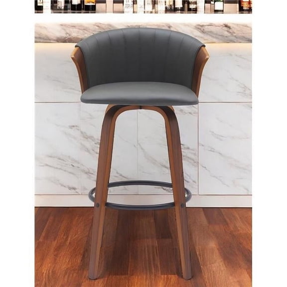 HomeRoots 534421 30 in. Gray & Wood Brown Faux Leather Swivel Bar Height Bar Chair