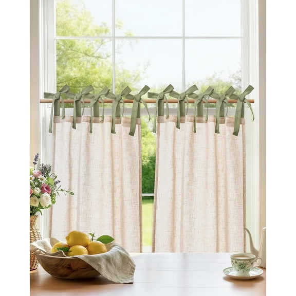 UITBDWR-Crude Linen Kitchen Tier Curtains 30 Inches Green Tie Top 2 Panles