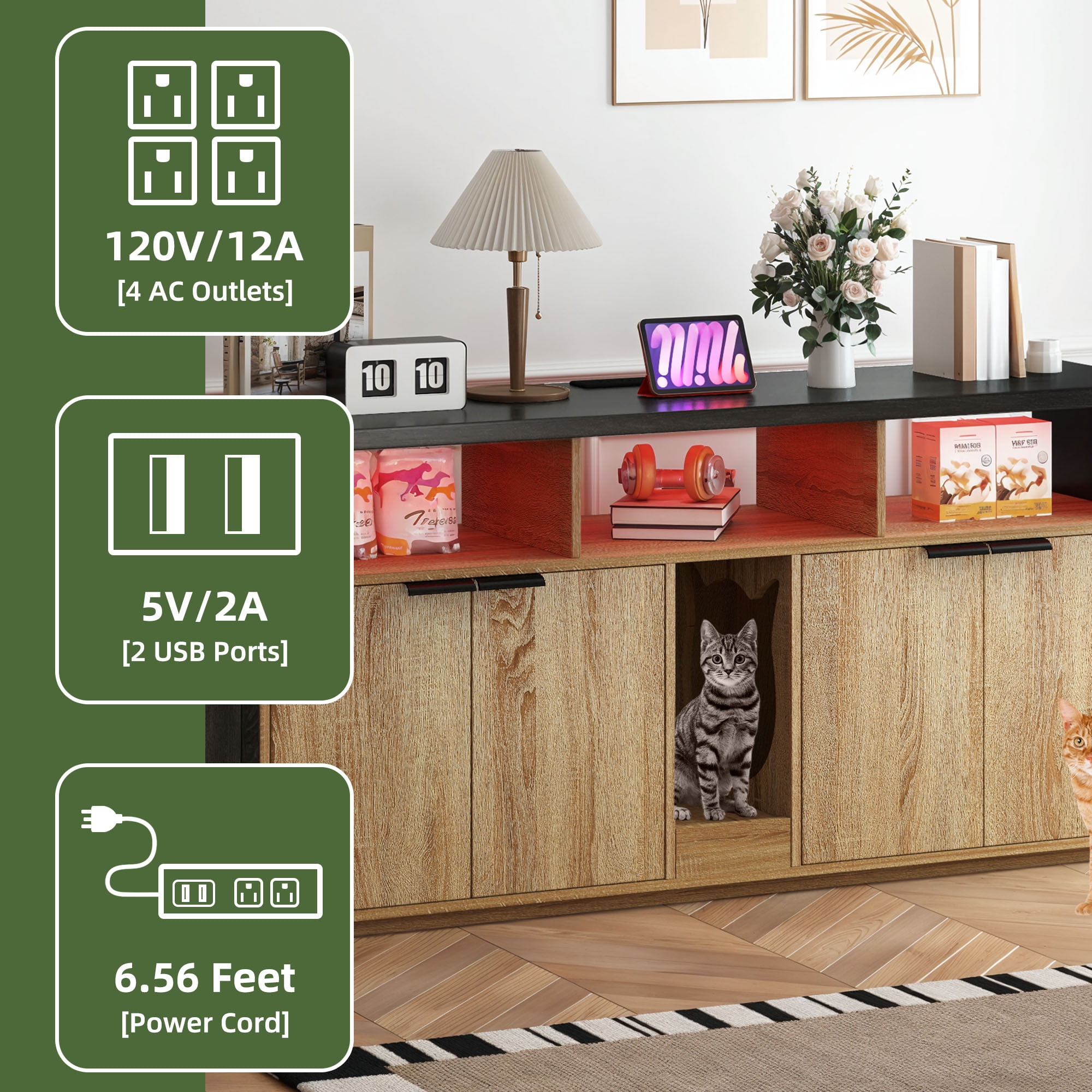 Uforic Litter Box Furniture with LED Light, Power Outlet for 2 Cats, Wooden Long Cat Litter Box Enclosure with Double Room
