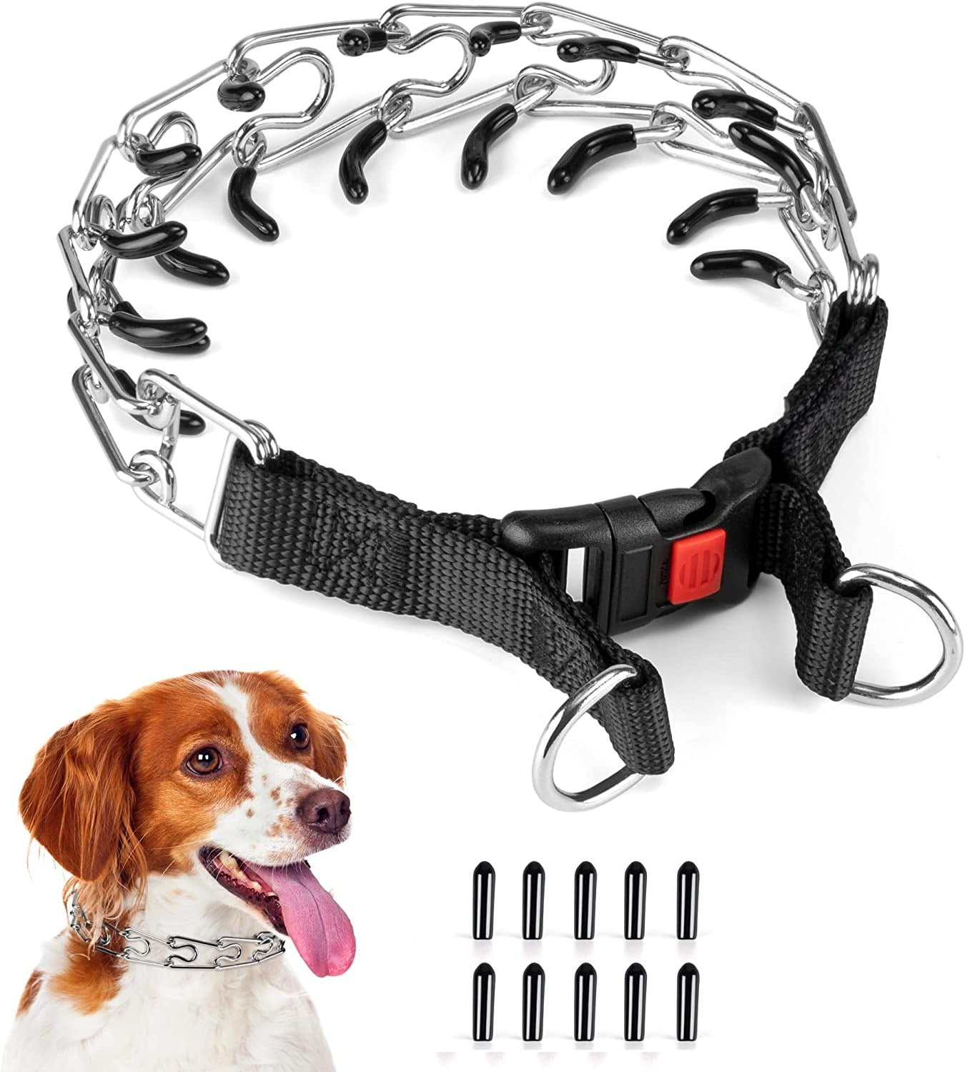 Lockable Quick Release Snap Buckle Adjustable Links with Safety Rubber Tips Dog Prong Collar Heavy Duty for Small Medium Large Dogs S Durable Dog Pinch Training Collar Chain 
