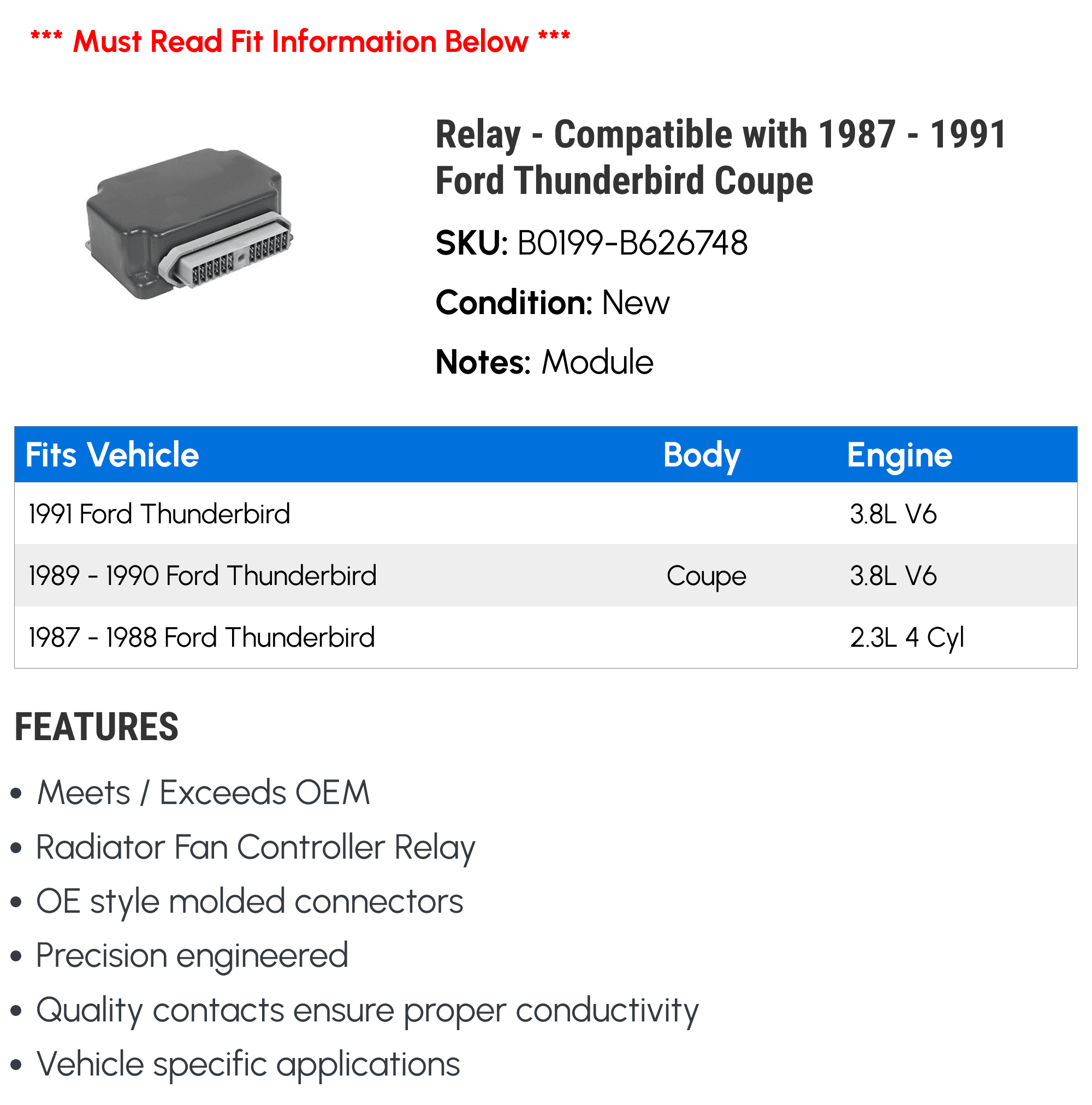 Relay - Compatible with 1987 - 1991 Ford Thunderbird Coupe 1988 1989 1990