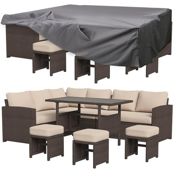 AECOJOY 7 Pieces Patio Furniture Set and Protection Cover PE Rattan Outdoor Dining Set Sectional Sofa Couch with Table Patio Conversation Set in Beige