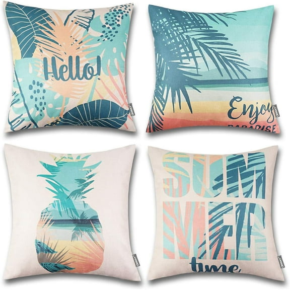 Hello Summer Pillow Covers 18x18 Beach Theme Decorative Throw Pillow Covers for Home Patio Party Decor 18x18, Set of 4