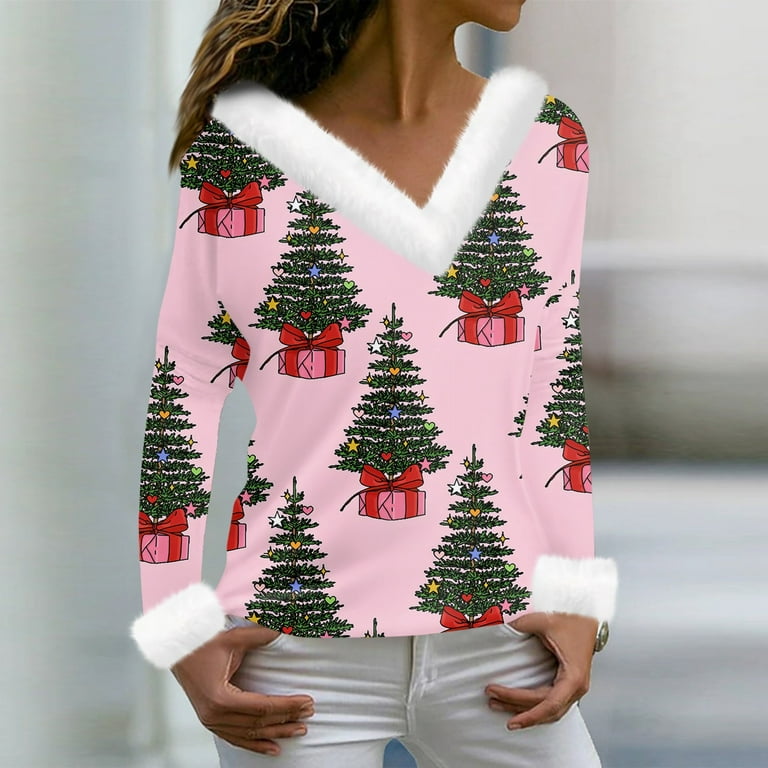DENGDENG Christmas Shirts for Women Plus Size Long Sleeve Christmas Tree Snowflake Print Cute Tops Fashion Faux Fur V Neck Blouse Holiday Dressy Tunics Pink 3XL Walmart