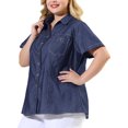 thumbnail image 1 of Women's Plus Size Shirt Short Sleeve Chest Pocket Button Down Denim Shirts Black Blue 2X, 1 of 7