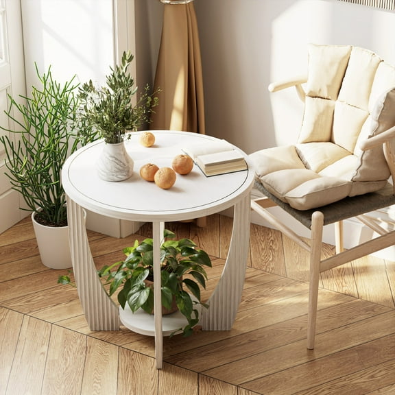 COZAYH Rustic Farmhouse end Table with Storage Shelf, French Country Accent Side Table for Family, Dinning or Living Room, Small Spaces, Modern, Round, White