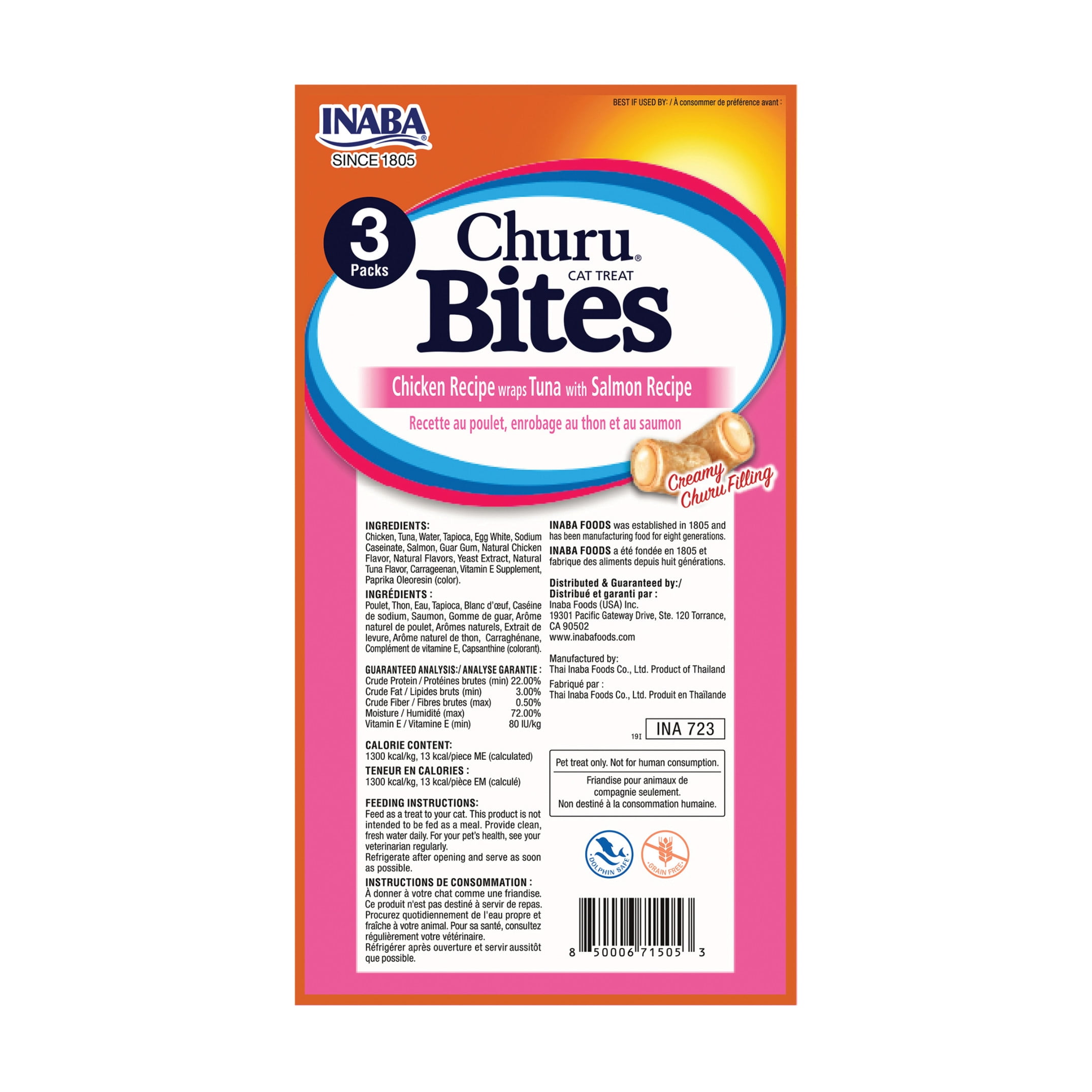 INABA Churu Bites, Soft Cat Treats, 0.35 oz Tube, 24 Tubes, Tuna with Salmon