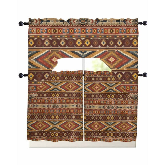 Brown Southwest Aztec Kitchen Curtains Sets 24 Inch Length with Valance, Farmhouse Vintage Geometric Swag Valances and Tiers Curtain Set Drapes Swag Curtains for Living Room, Bathroom, Bedroom, Cafe