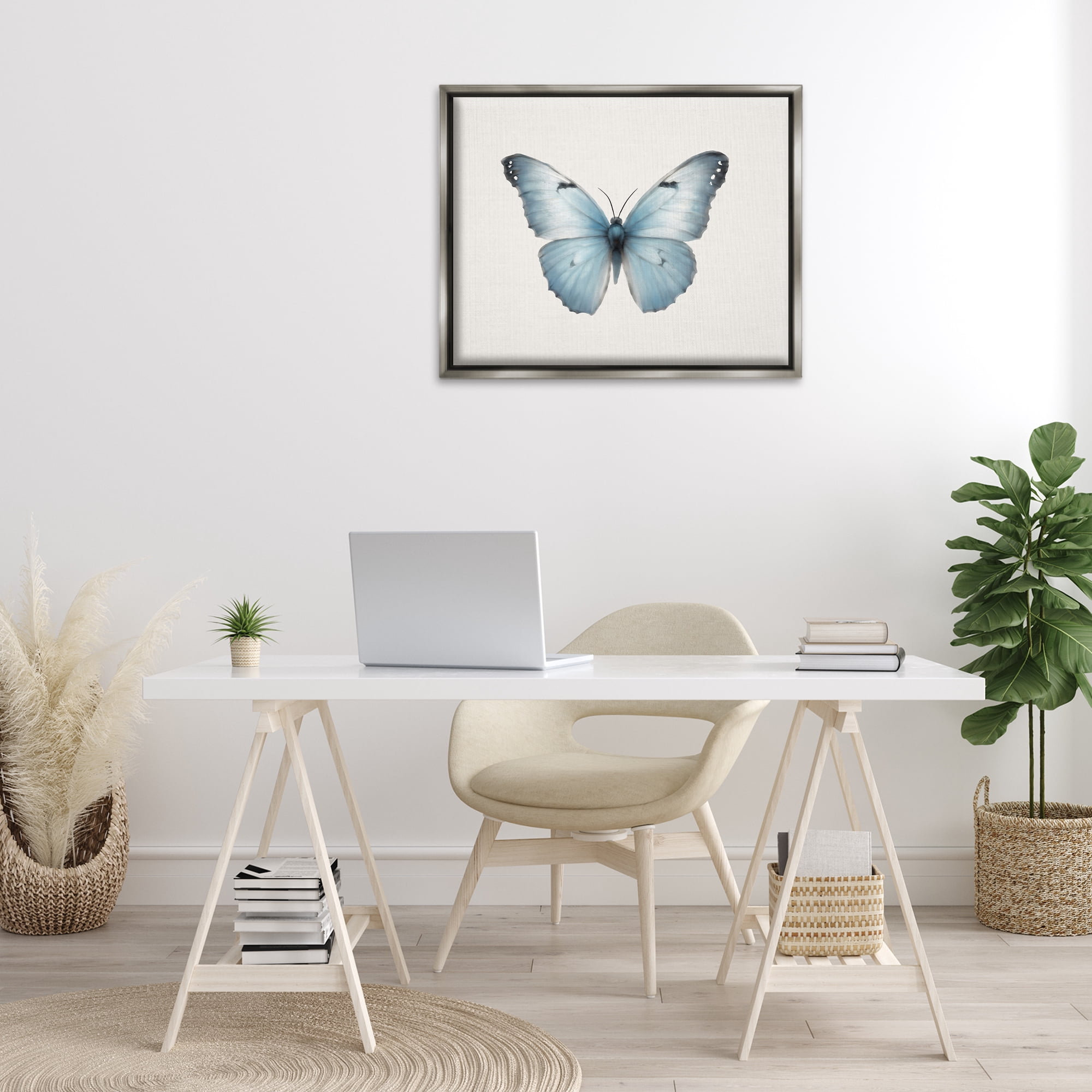Stupell Industries Blue Symmetrical Butterfly Animals Painting Gray Floater Framed Canvas Art Print Wall Art, 31 x 25
