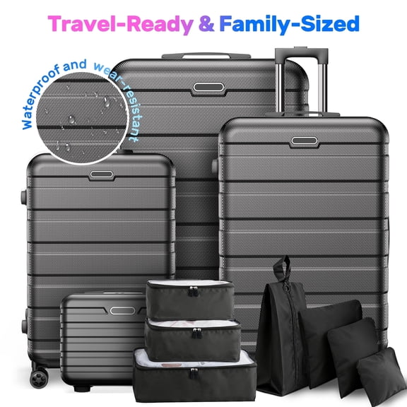 11-Piece Hardshell Spinner Luggage Set – 4 ABS Suitcases (14” 20” 24” 28”)   7 Packing Cubes, Lightweight Travel Set with Spinner Wheels and Password Lock for Family Trips, Vacation & Business