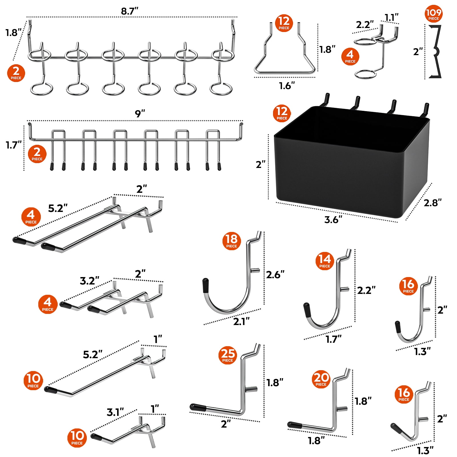 INCLY 278PCS Pegboard Accessories Organizer Kit, Peg Board Hooks Set with Bins for Organizing Various Tools, 1/8 and 1/4 inch Pegboard Hooks Assortment for Hanging Storage, Garage Wall Attachments